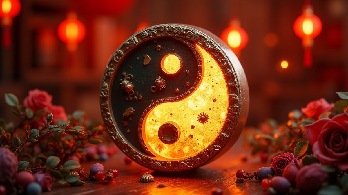 Símbolo de Yin-Yang brillante con detalles dorados y decoraciones asiáticas.