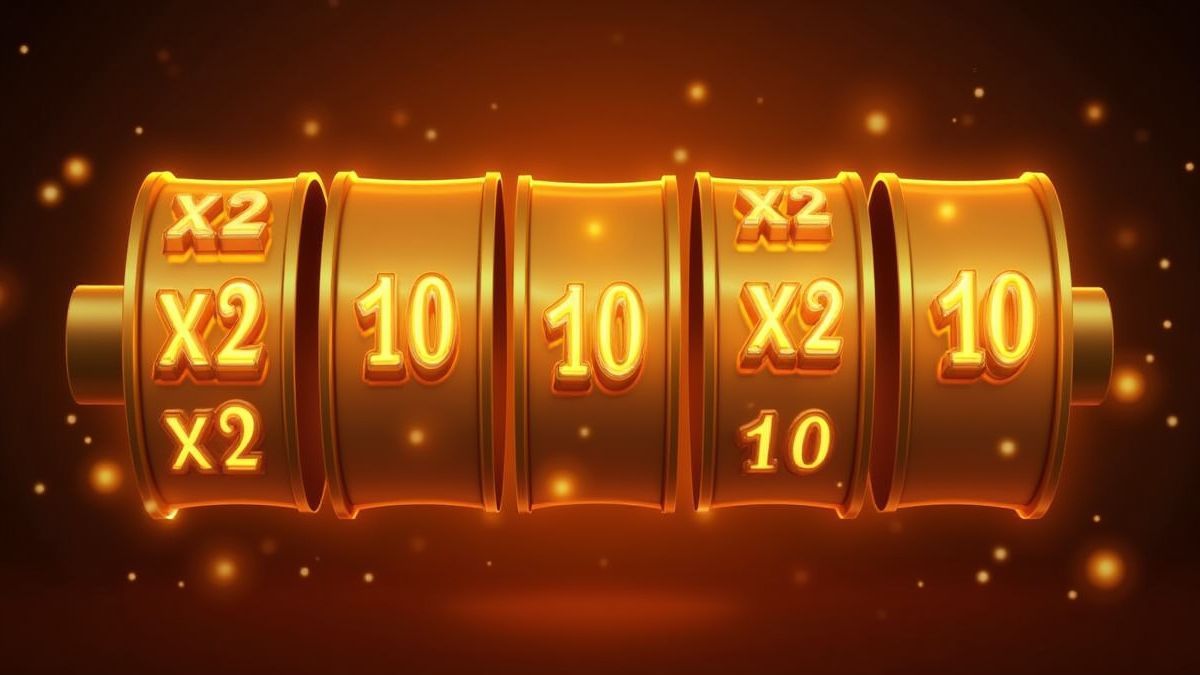Carretes dorados girando con multiplicadores brillantes como x2, x10 y x40.
