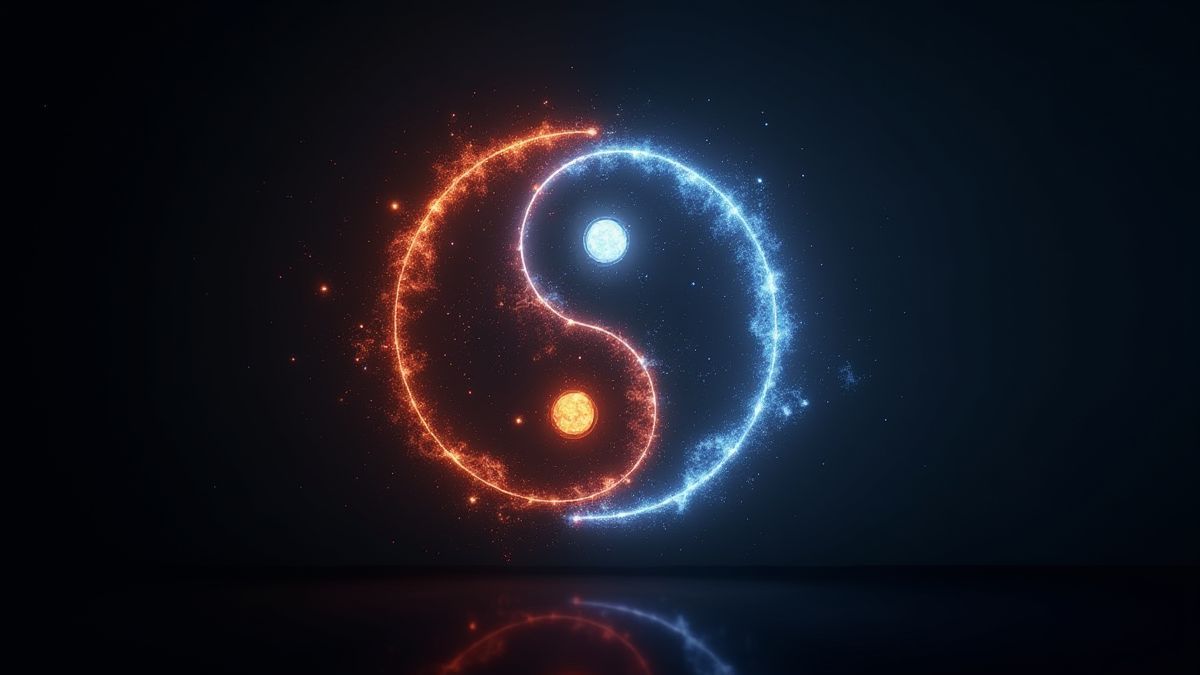 Símbolos de Yin Yang brillando en un entorno oscuro.