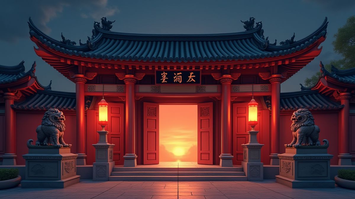 Eingang eines asiatischen Tempels mit Wächterlöwen-Statuen.