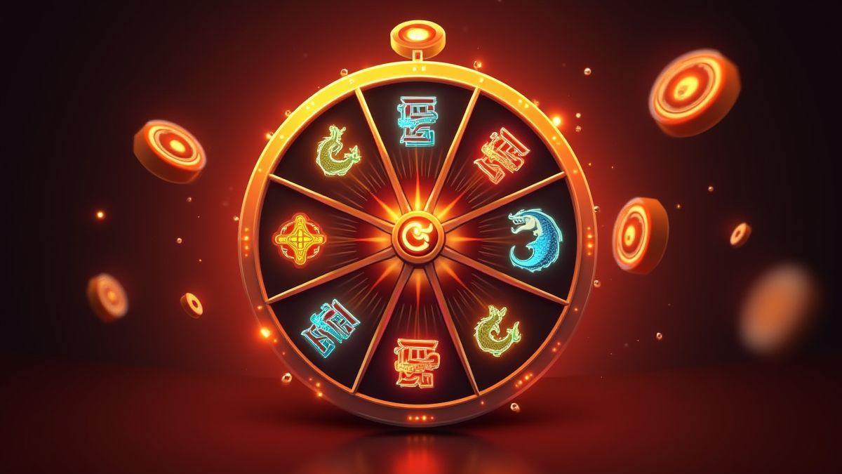 Spielautomaten mit leuchtenden Symbolen wie Drachen und Koi-Fischen.