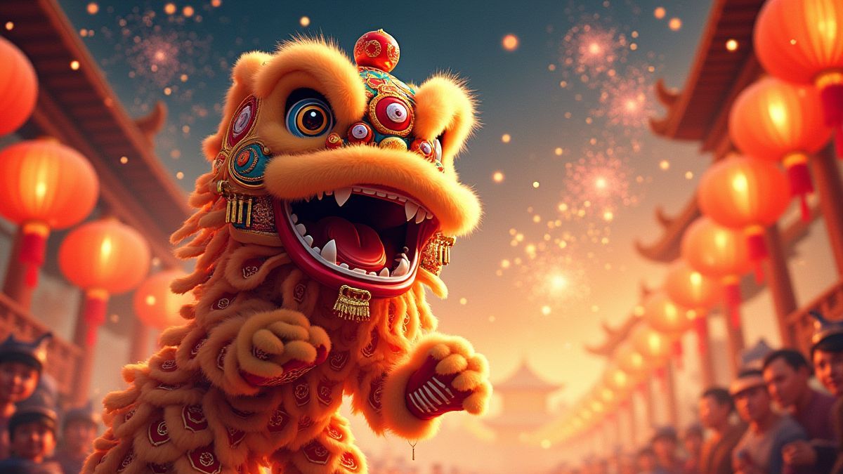 Representação de uma dança de leões durante um festival chinês.