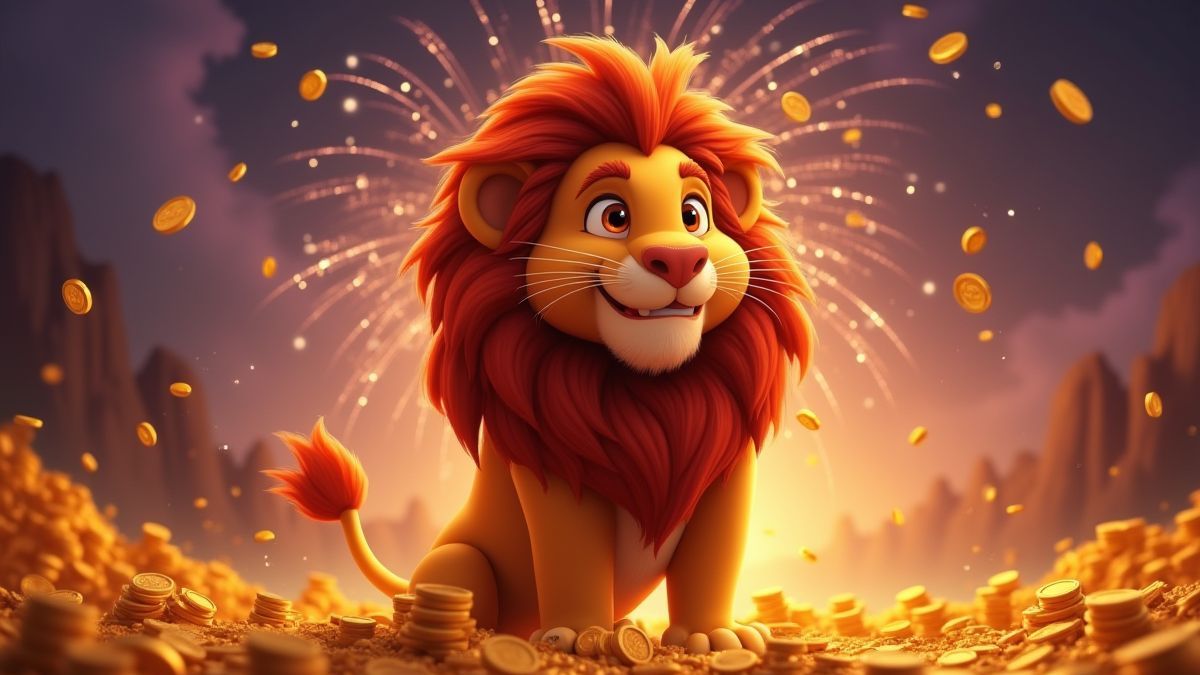 Leão rodeado de moedas e fogos de artifício em uma rodada de bonificação.