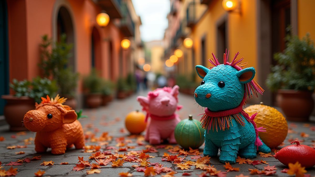 Festliche mexikanische Szene mit Piñatas und traditionellen Dekorationen.