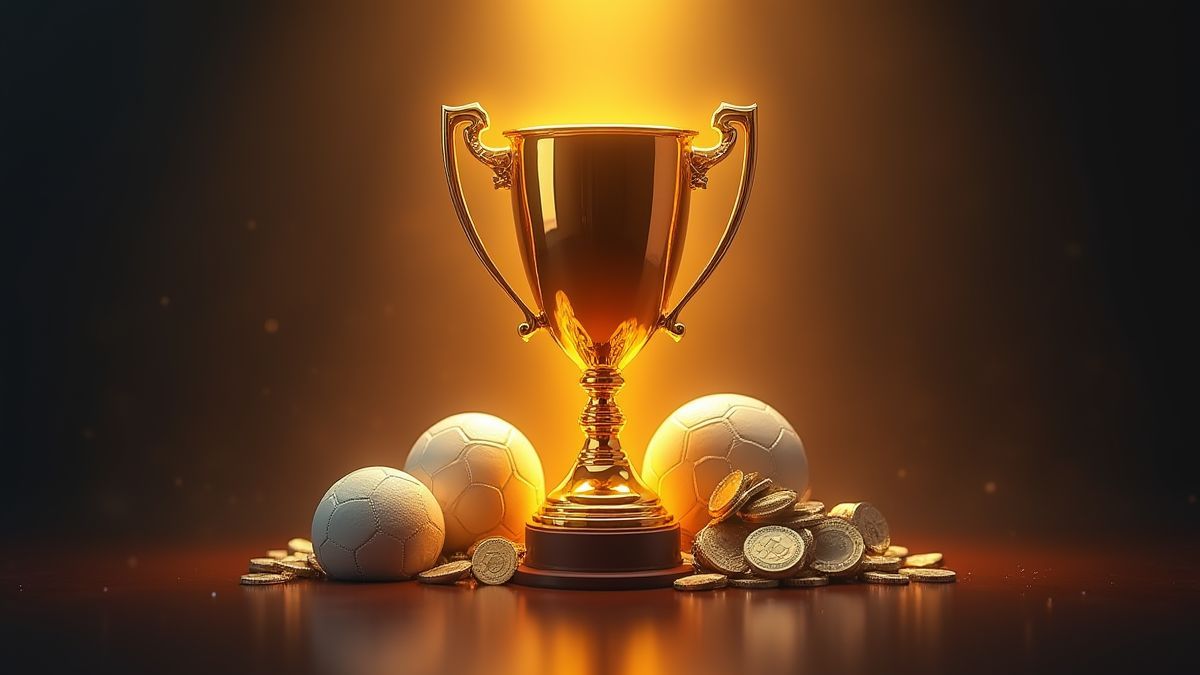 Golden trophy surrounded by sports gear and glowing cash prize.