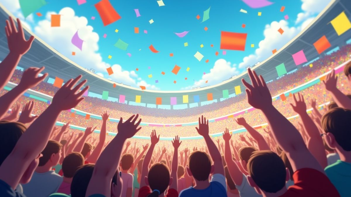 Animated crowd cheering at a sports event with colorful flags.