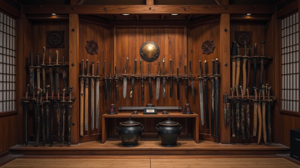 Um dojo japonês com armas ninja em exibição