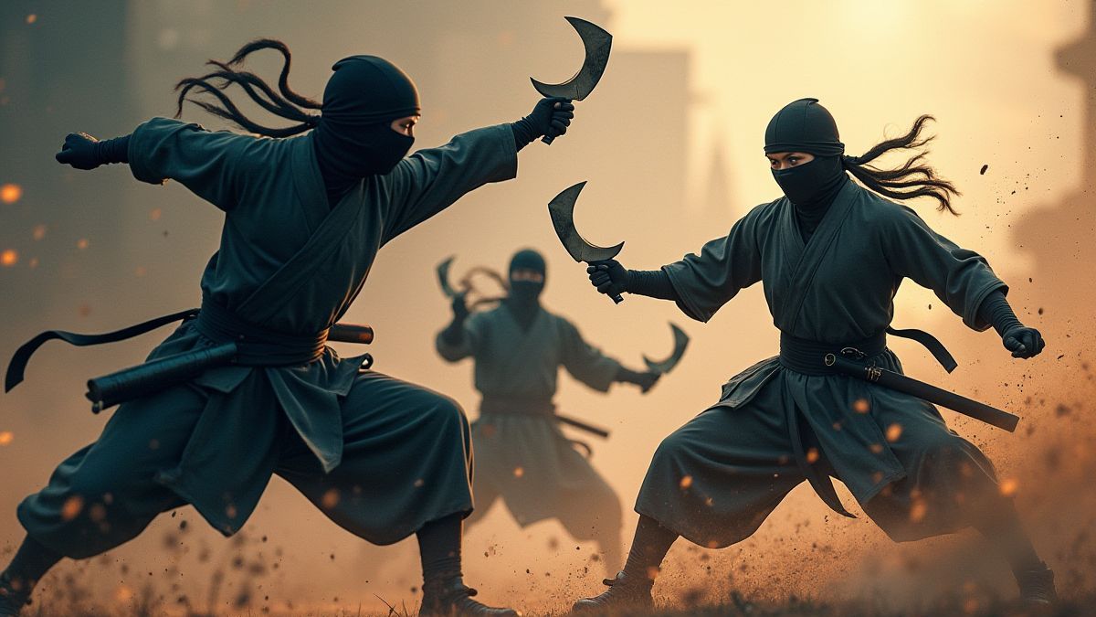 Ninjas lançando shurikens em combate