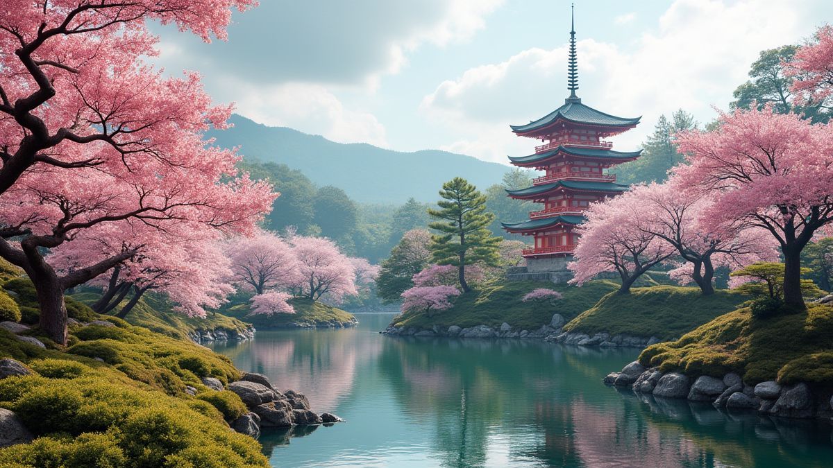 Um jardim japonês com cerejeiras em flor e uma pagoda tradicional