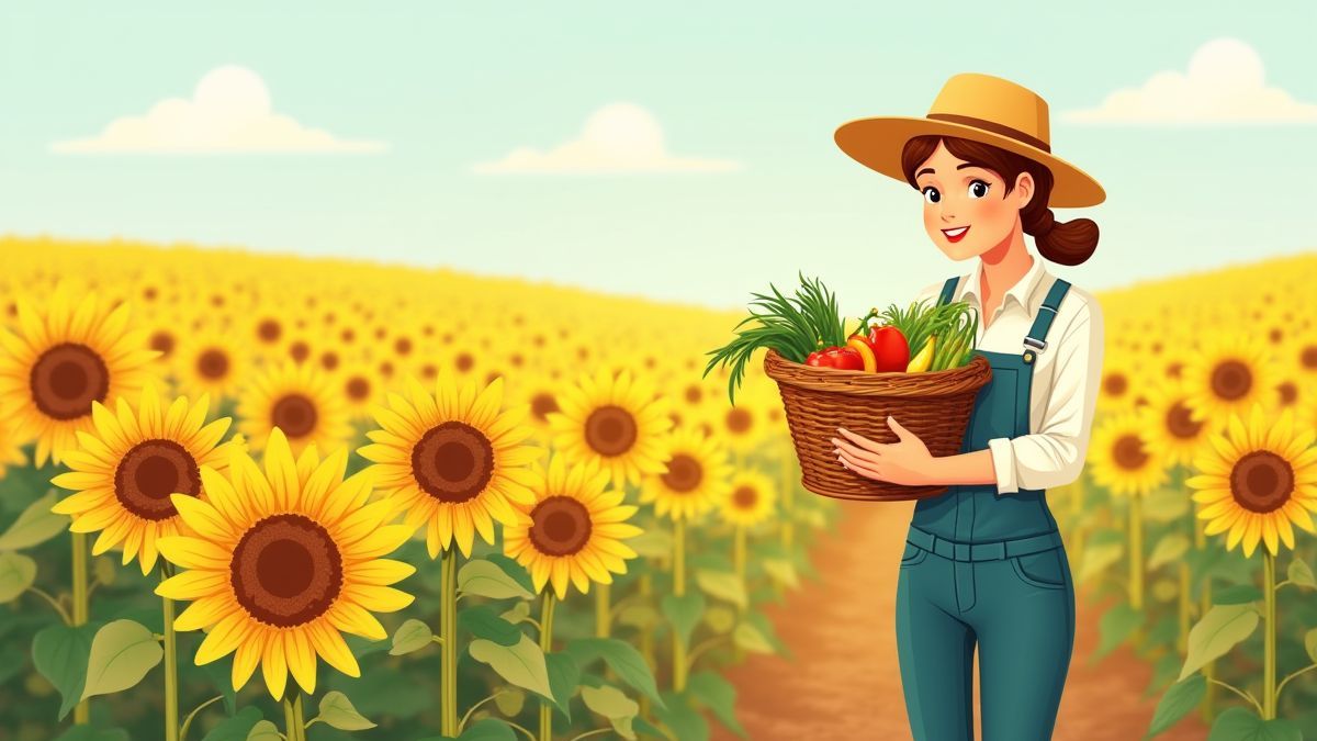 Ein Bauer, der einen Korb mit frischem Gemüse in einem Sonnenblumenfeld hält.