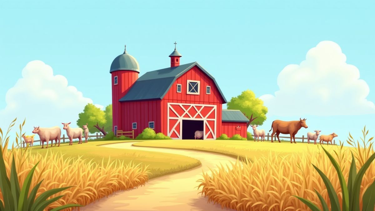 Ein roter Stall umgeben von Feldern und Bauernhoftieren.