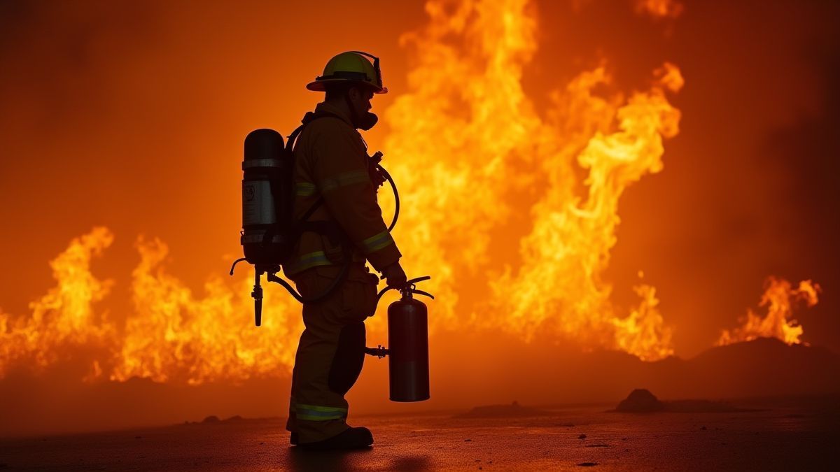 Un bombero sosteniendo un extintor con llamas al fondo.