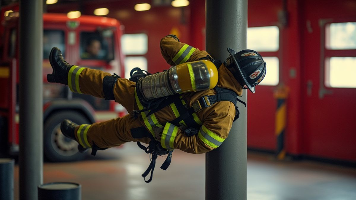 Un bombero deslizándose por una barra en una estación de bomberos.