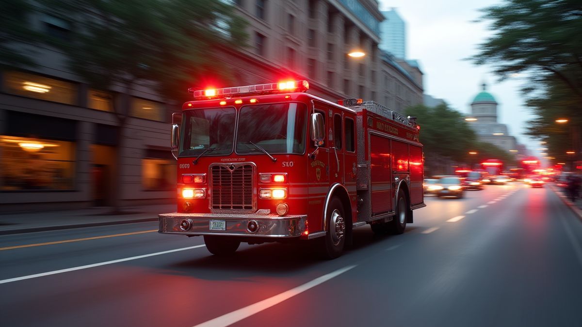 Un camión de bomberos avanzando rápido con las luces encendidas.