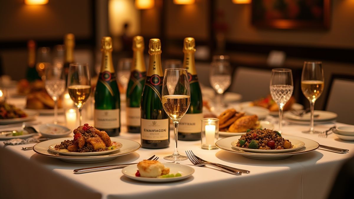 Eleganter Esstisch mit Champagner und luxuriösem Essen