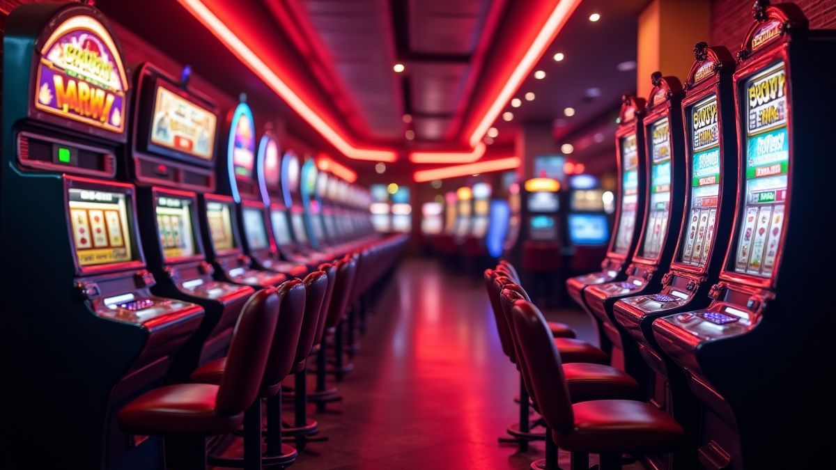 Ambiente retro de casino con luces de neón.