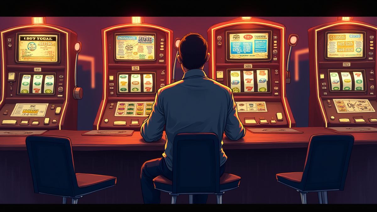 Jugador nostálgico disfrutando de slots clásicas en un casino.