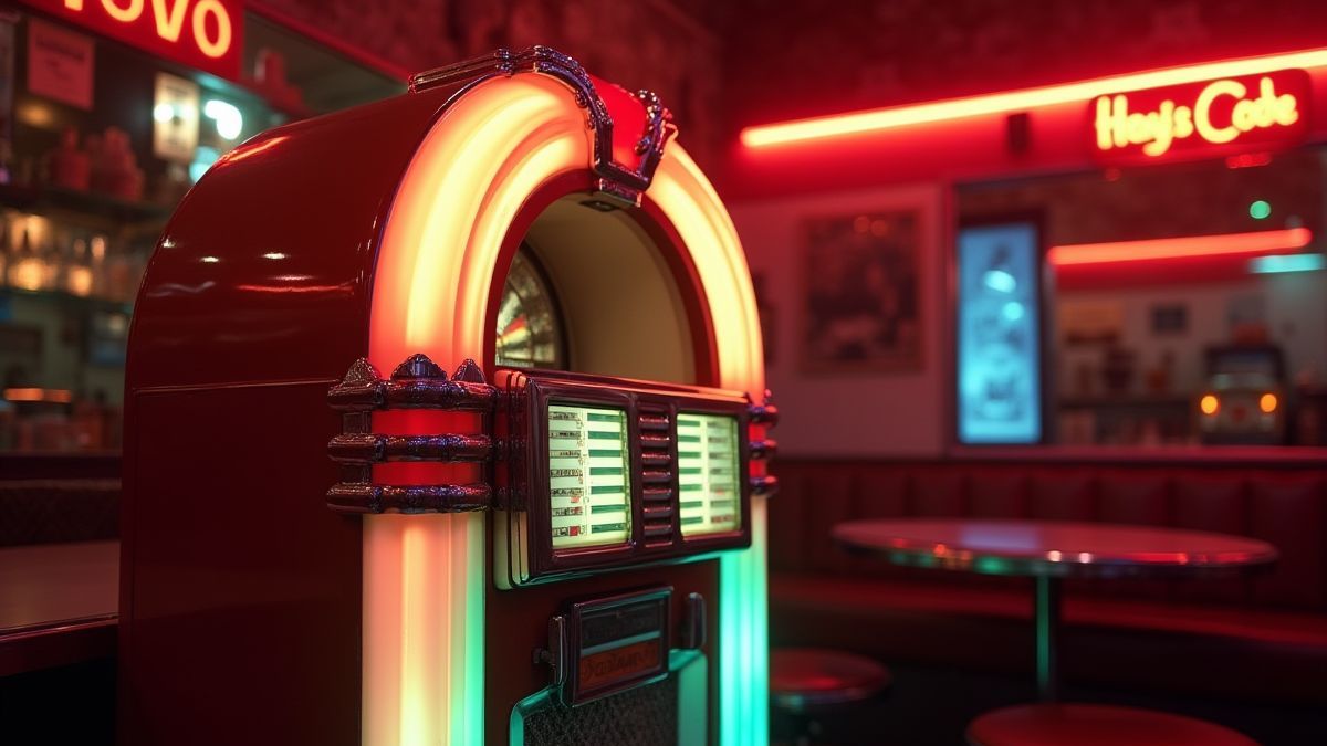 Una jukebox iluminada con luces de neón en un diner de los años 50.