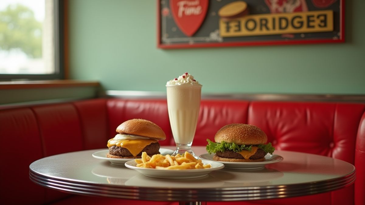 Una mesa de diner de los años 50 con batidos y hamburguesas.