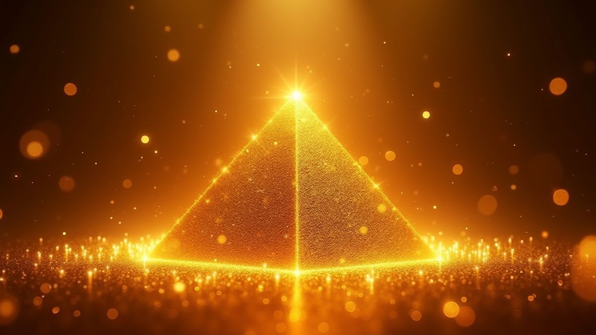 Gouden piramide op een verlicht podium.