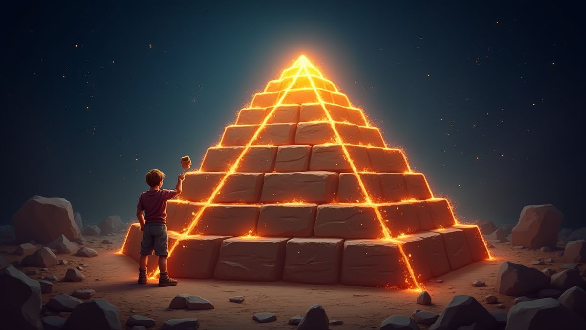 Speler selecteert blokken op een verlichte piramide met zichtbare prijzen.