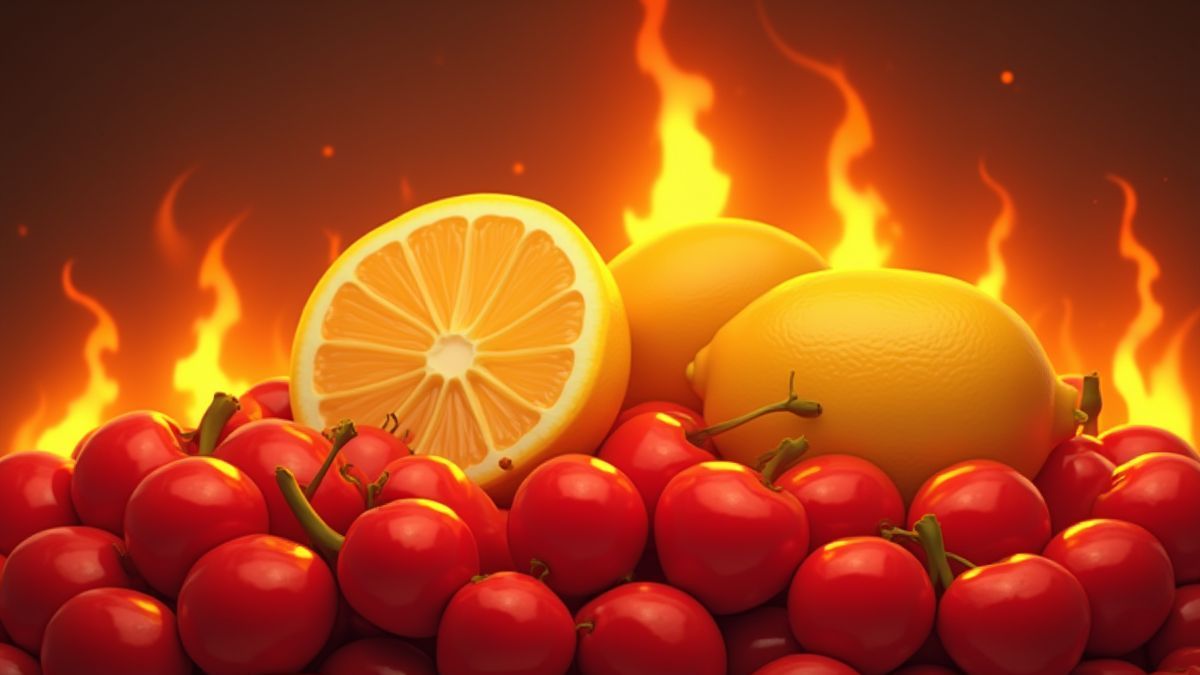 Verse vruchten met vlammen op de achtergrond.