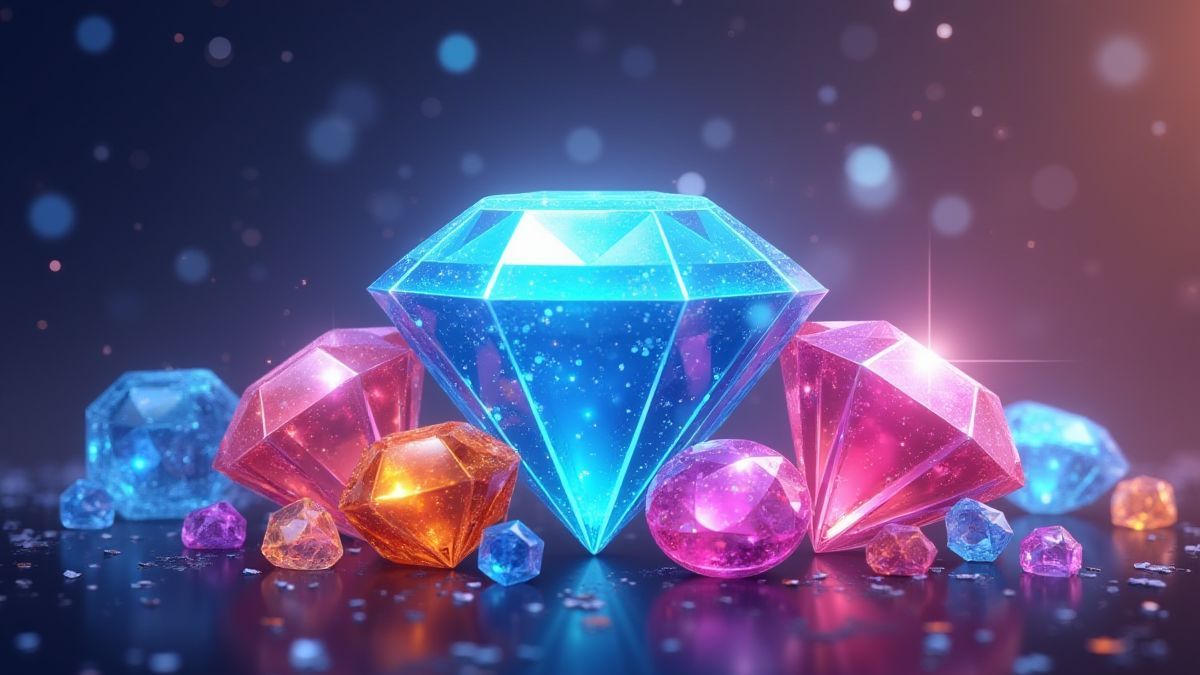 Sprankelende diamanten en kleurrijke edelstenen.