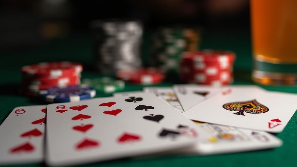 Cartes de poker étalées sur une table avec des jetons et une boisson à côté.