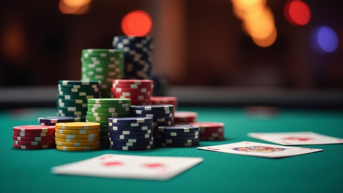 Jetons empilés sur une table de poker avec des cartes éparpillées.