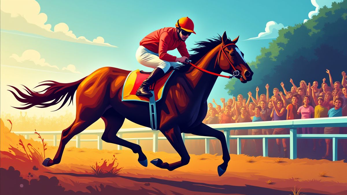 Jóquei montando um cavalo em uma corrida colorida.