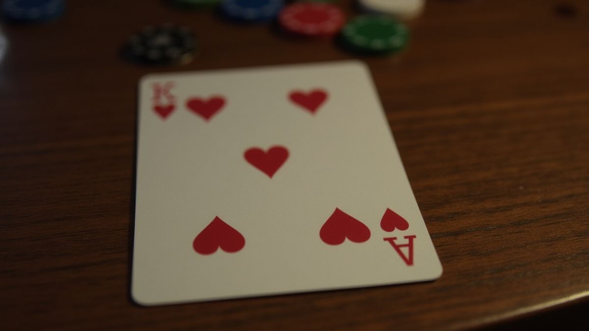A poker hand on a wooden table with a vintage style.