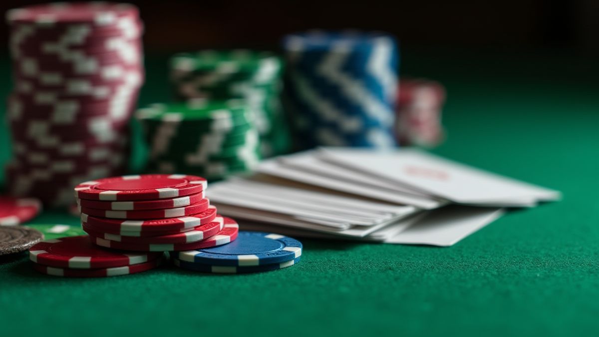 Poker chips and cards on a green felt table.