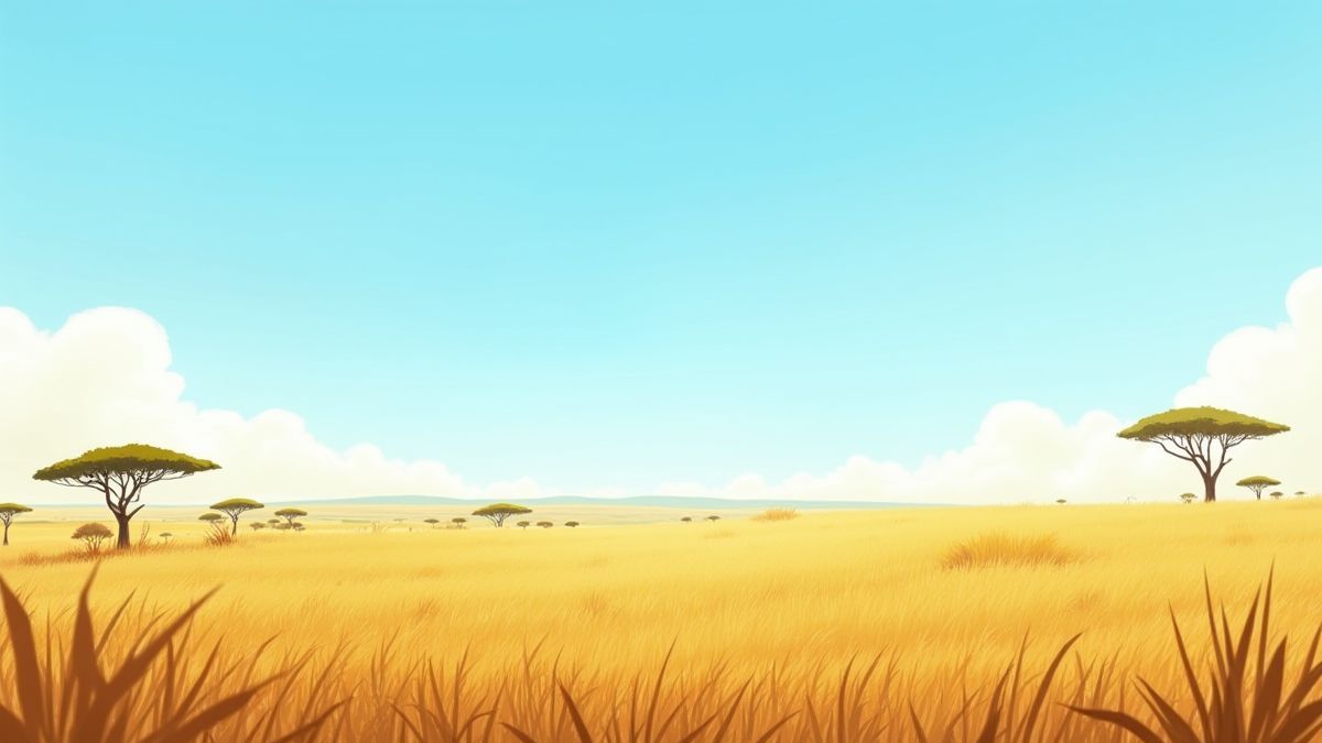Sabana africana con árboles y hierba alta bajo el cielo despejado.