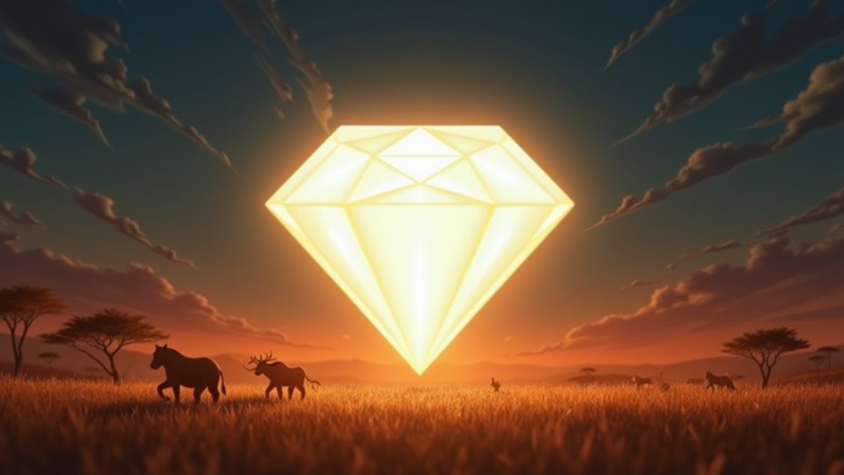 Un diamante brillante en medio de un paisaje de sabana.