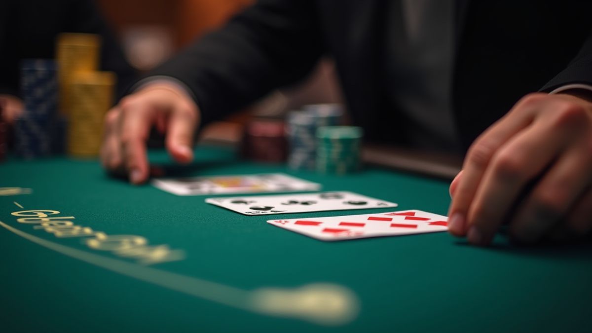 Mesa de póker con cartas distribuidas y fichas apiladas.