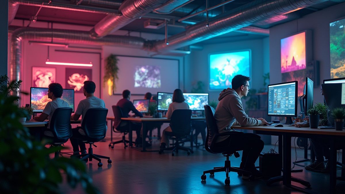 Estudio creativo con desarrolladores trabajando en diseño de juegos.