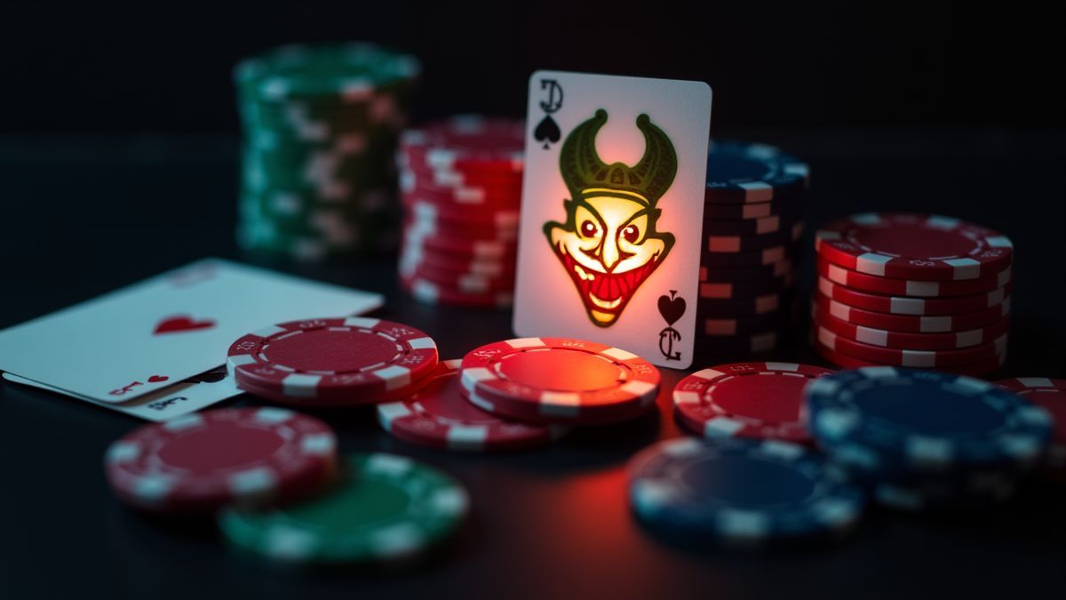 Montón de fichas de póker con un comodín brillante encima.