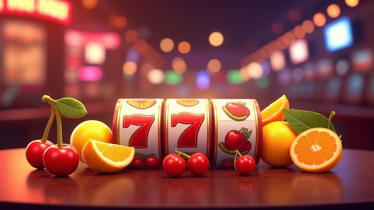 Fruits animés dans un casino vibrant.