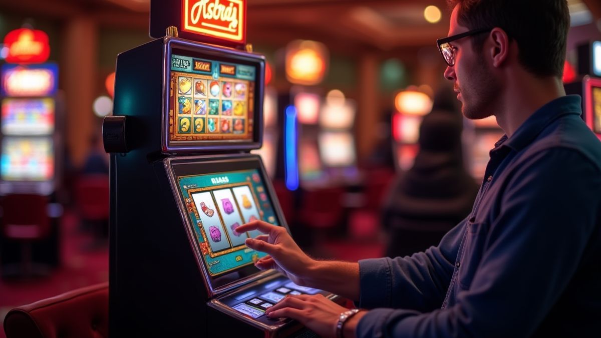 Joueur interagissant avec une machine à sous dans un casino.