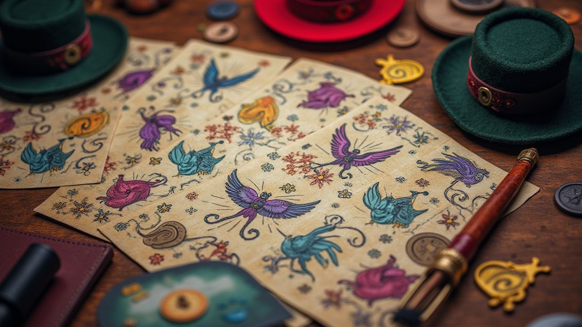 Símbolos temáticos de magia como sombreros, palomas y cartas.