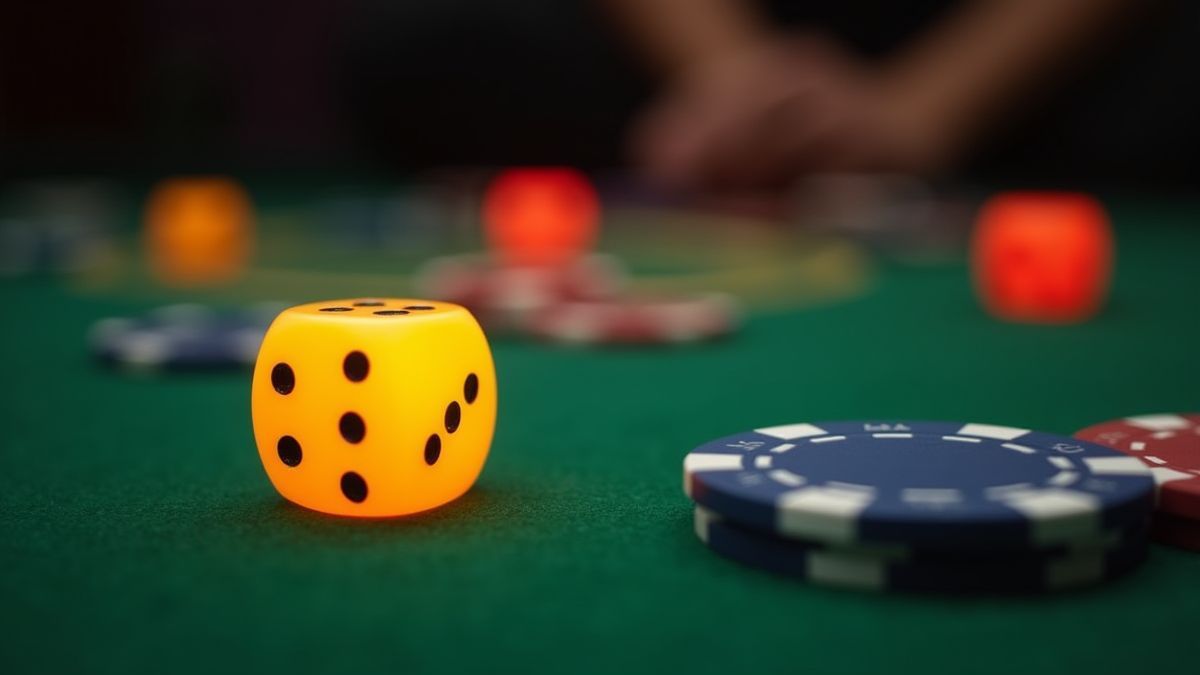 Leuchtende Würfel, die auf einem Casino-Tisch mit Chips rundherum rollen.