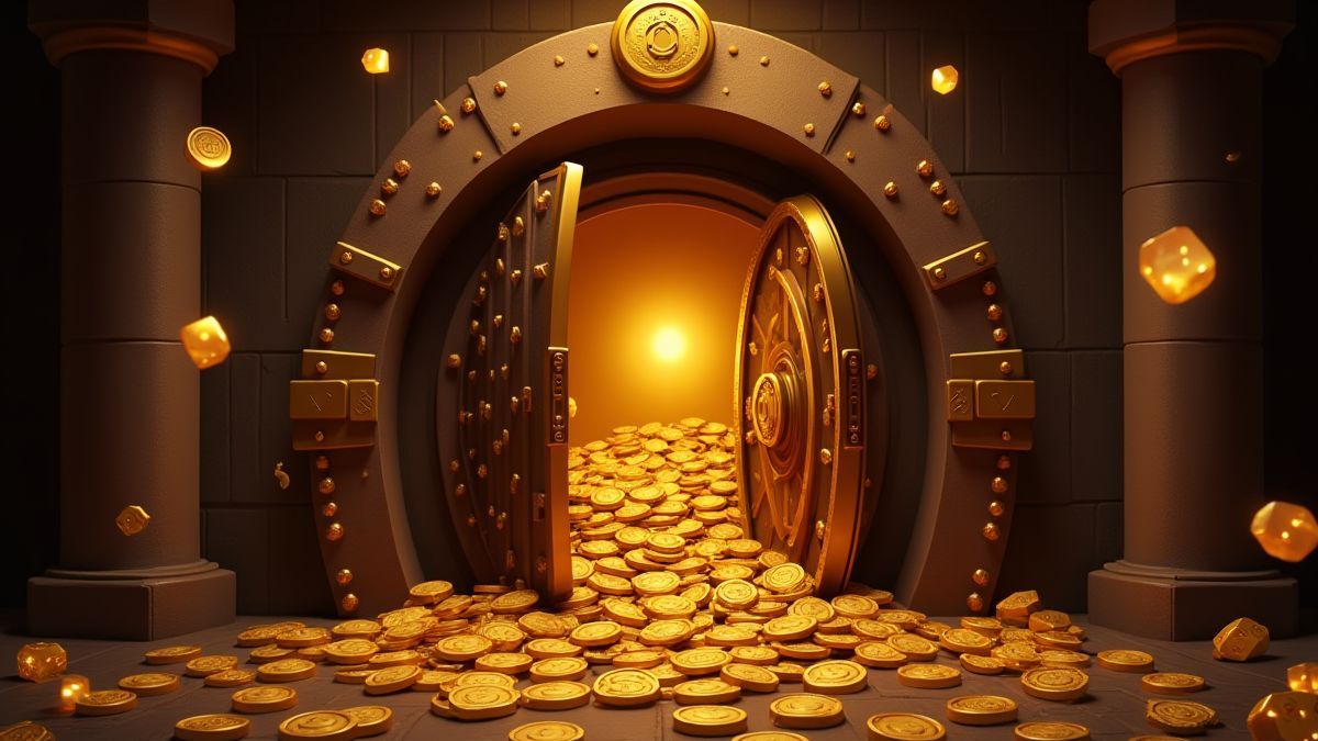 Ein Tresor voller Goldmünzen und leuchtenden Würfelsymbolen.