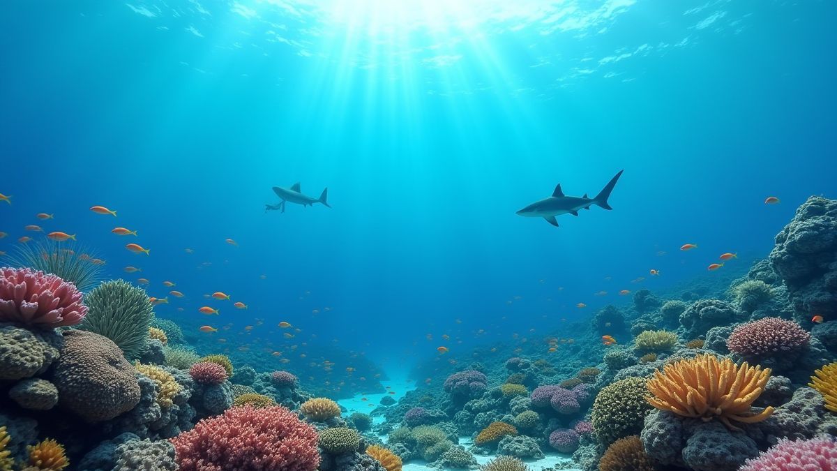 Arrecife de coral submarino com tubarões nadando e peixes coloridos.