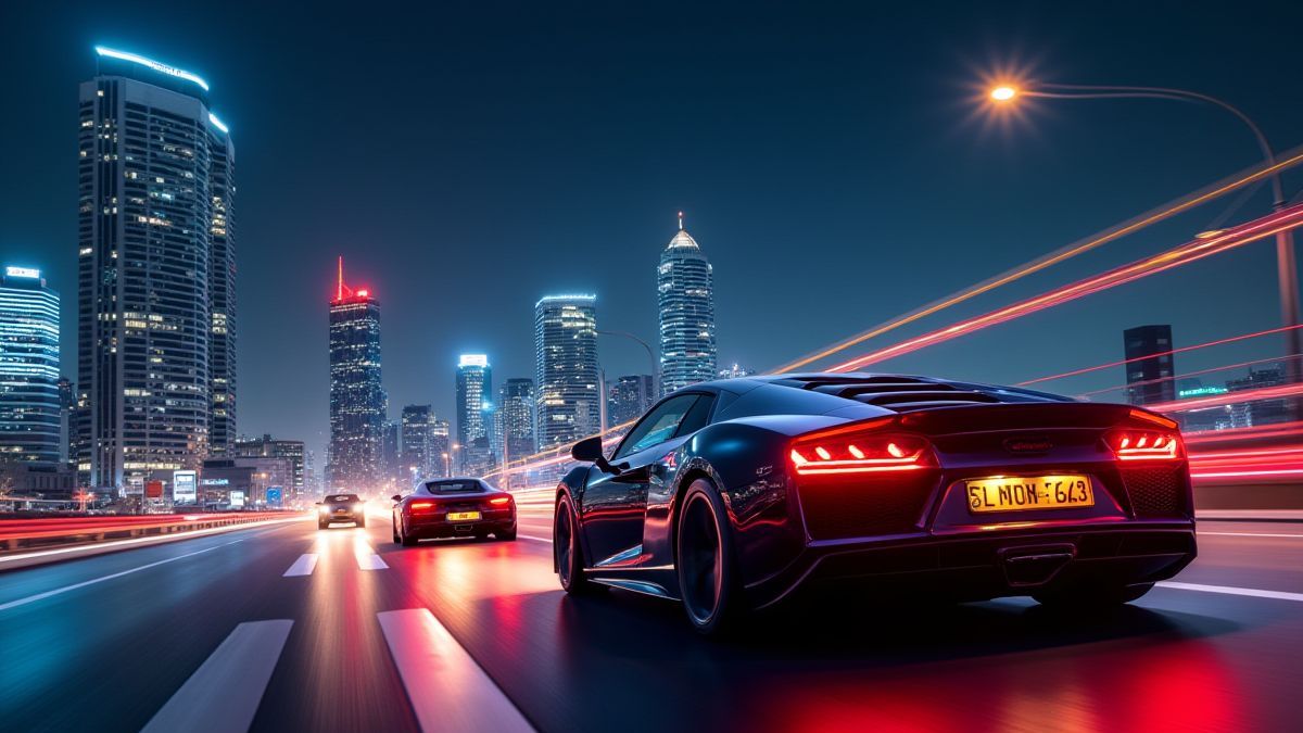 Imagen de una ciudad iluminada por neones y coches deportivos en movimiento.