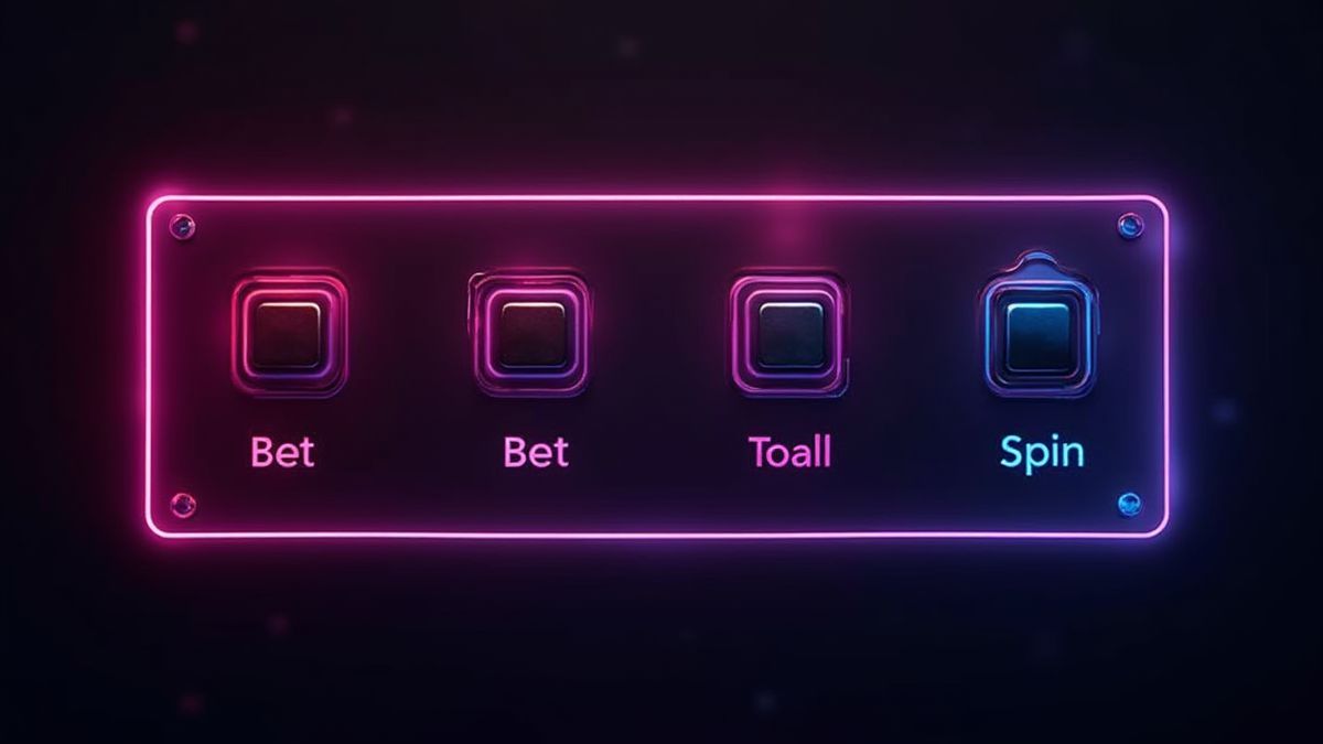 Panel de control futurista con botones de neón para configurar apuestas y giros.