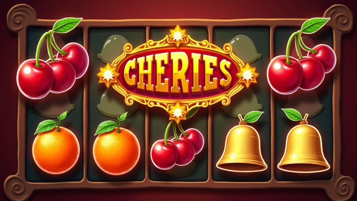 Símbolos retrô de frutas e sinos em um fundo ardente.