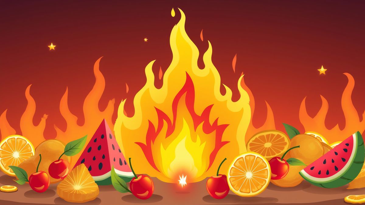 Frutas e chamas que refletem a temática ardente de 7's to Burn.