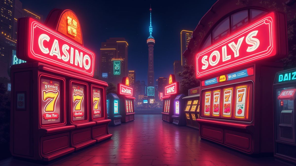 Retro casino scene with neon lights and classic symbols like cherries and bells.