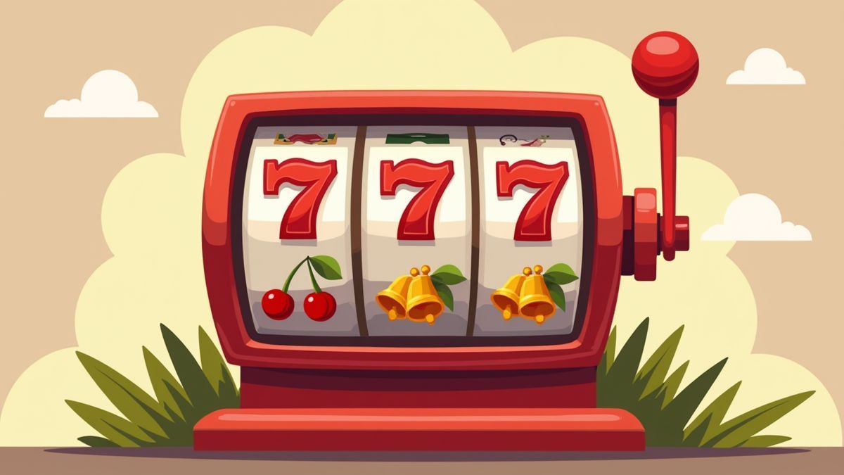 Illustration of a slot machine with symbols of cherries, bells, and a winning combination of sevens.