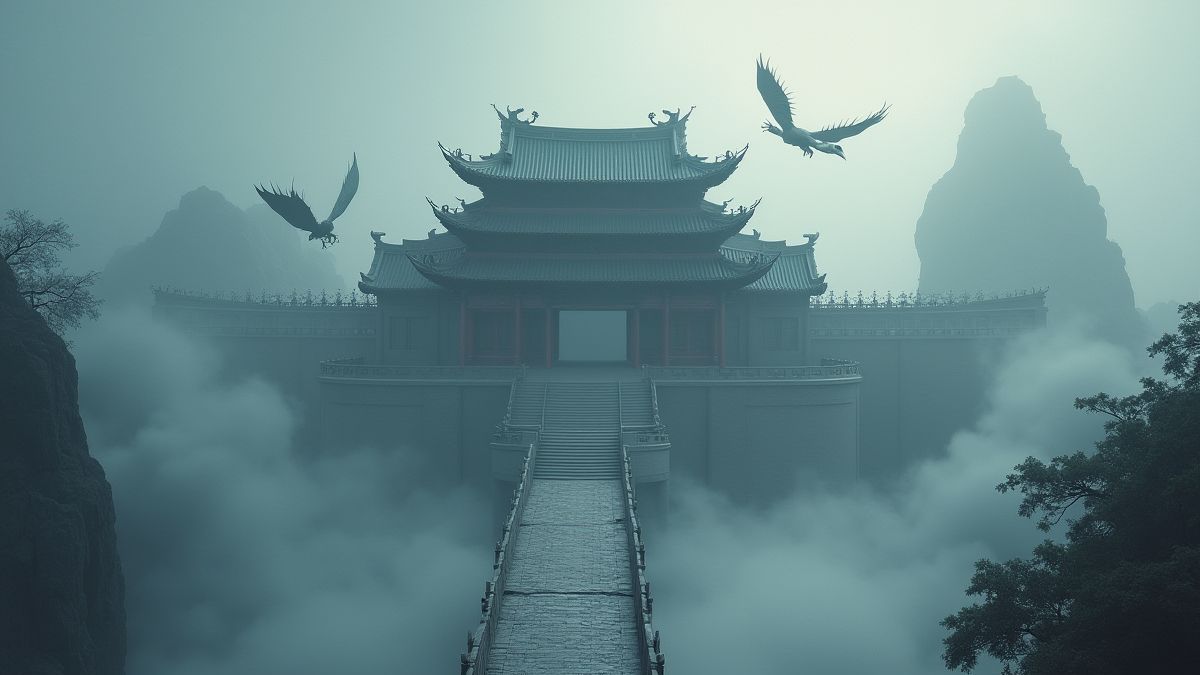 Templo chinês antigo com dragões e névoa mística.